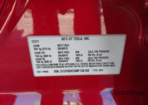 2021 Tesla Model Y Long Range Dual Motor All-Wheel Drive из США, поврежденный, VIN 5YJYGDEE6MF138188